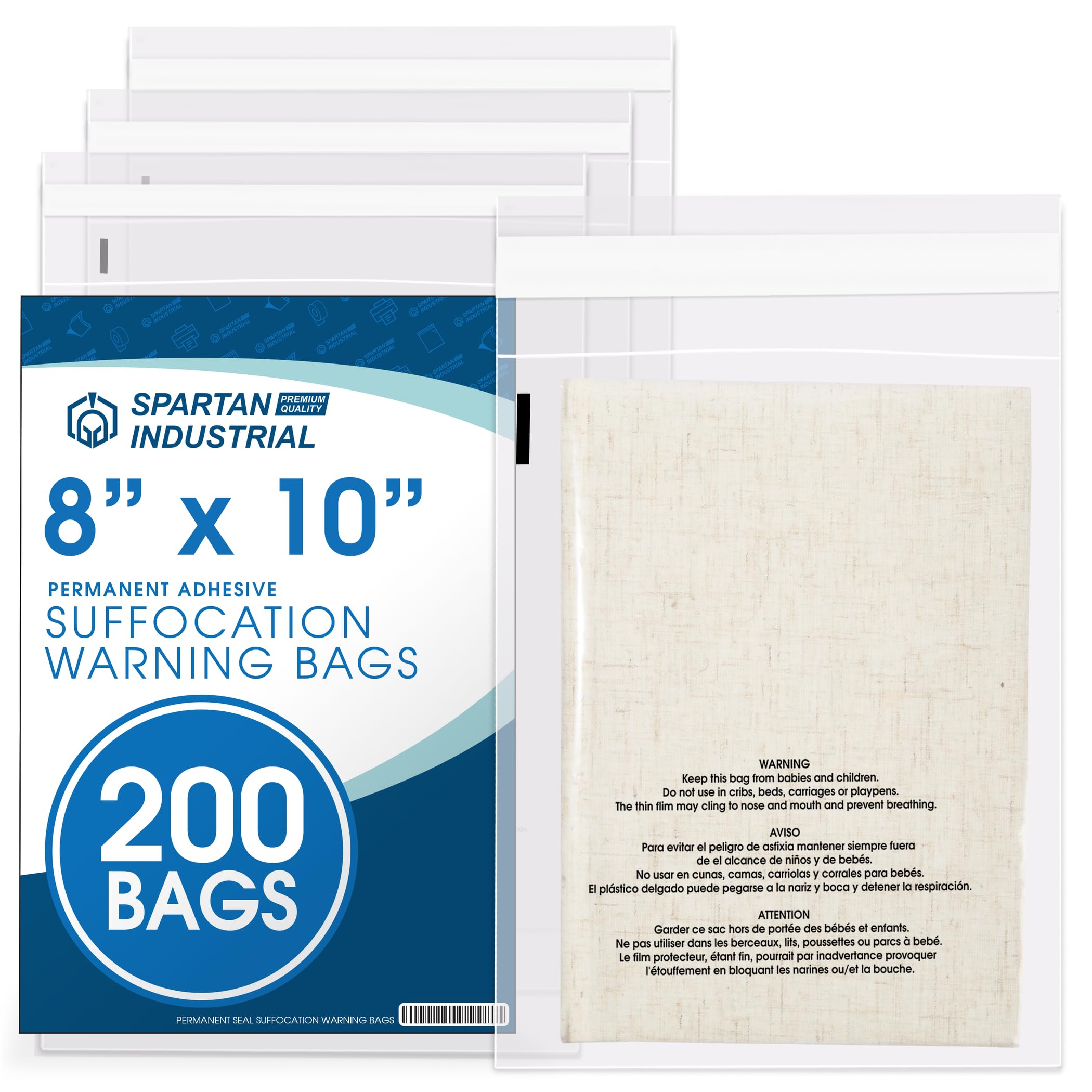 Photo 1 of Spartan Industrial - 8” X 10” (200 Count) Self Seal Clear Poly Bags with Suffocation Warning for Packaging, Clothing, and Fulfillment - Permanent Adhesive