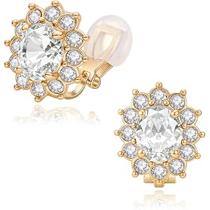 EVEVIC Oval Austrian Crystal Halo Clip On Earrings for Women | Oval Austrian Crystal with Zircon Halo,14K Gold-Plated,Silicon