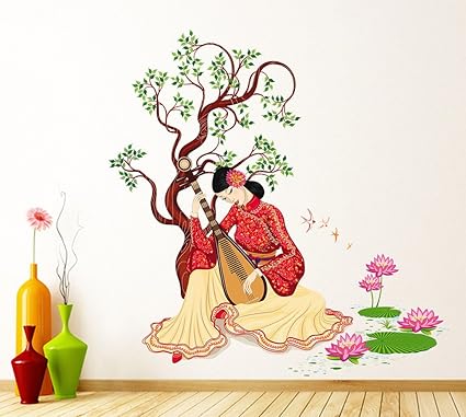 Decals Design Chinese Girl Playing Lute Under The Tree Wall Sticker (PVC Vinyl, 50 cm x 70 cm x 1 cm), Multicolour