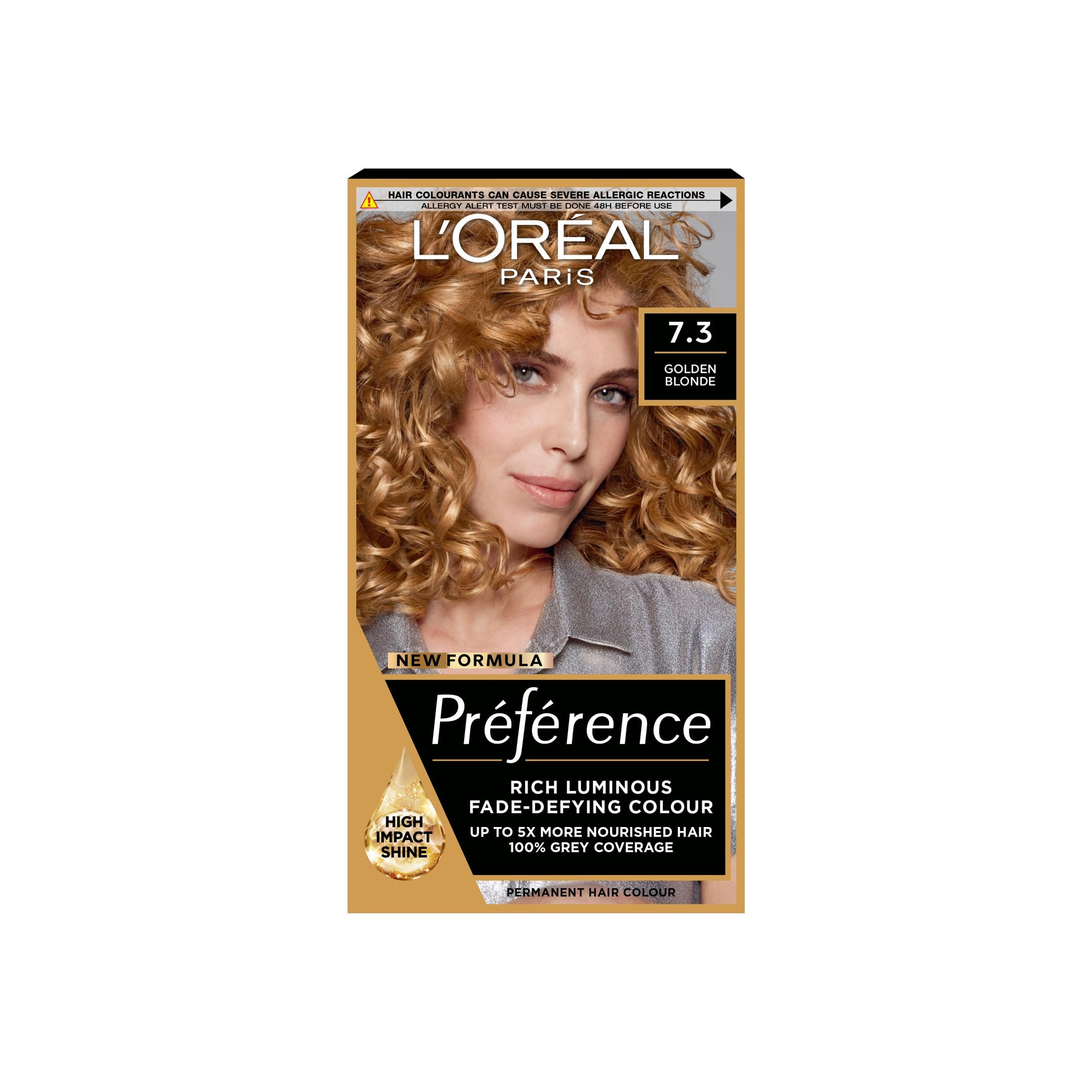L'Oreal Paris Permanent Hair Dye, Preference 7.3 Golden Blonde, 100% Grey Coverage, Long Lasting, Luminous Hair Colour with Anti-Brass Purple Mask, Luminous Reflects, Pack of 1 — image 1