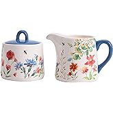 Bico Summer Provence Ceramic Sugar and Creamer Set, 11oz Sugar Bowl + Lid | 11oz lidded sugar bowl and 14oz creamer for a coffee bar, tea tray or breakfast table. Microwave and dishwasher safe.