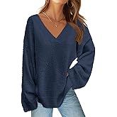 MEROKEETY Sweaters for Women Fall 2026 V Neck Oversized Cozy Chunky Knit Long Sleeve Fuzzy Fleece Pullover Winter Outfits
