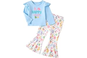 Woleroyir Easter Outfit Toddler Girl Bunny Print Short Sleeve Tee Shirt Cute Flare Pants Easter Outfits for Girls 2-6T