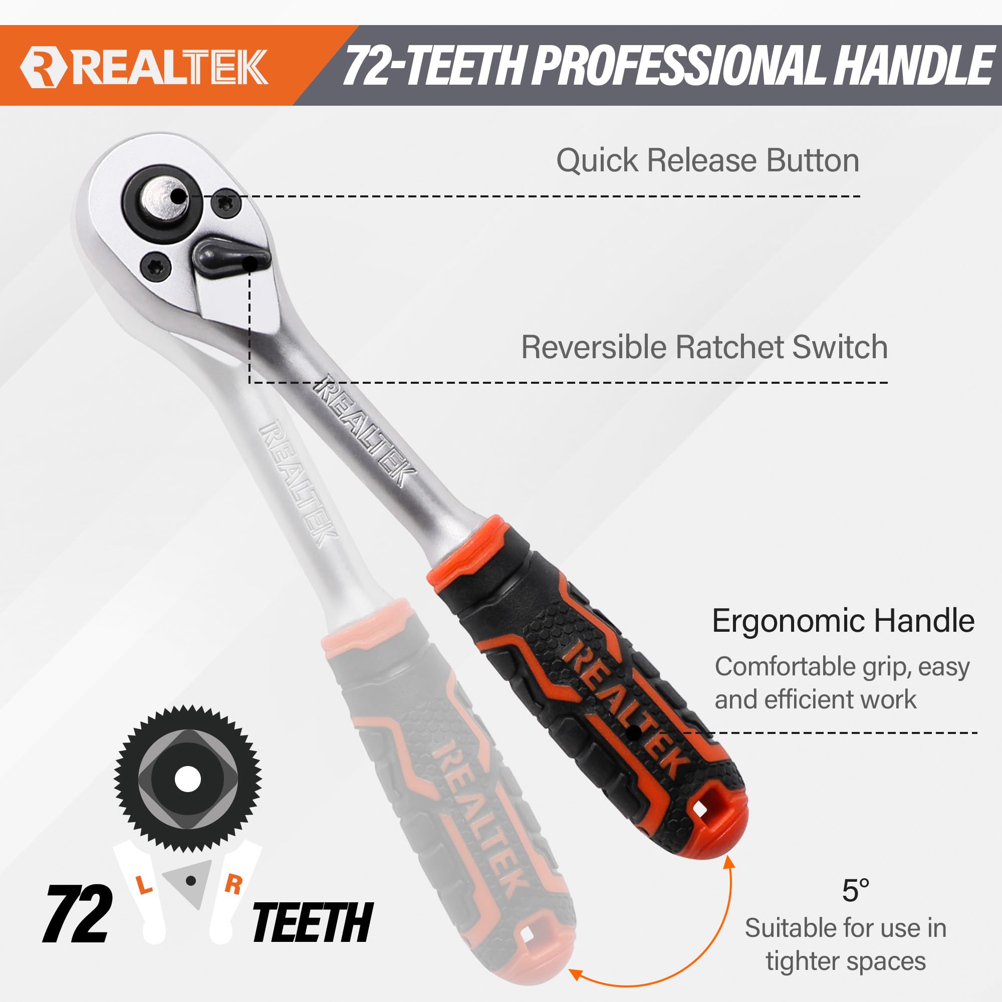 REALTEK Steckschlüsselsatz 66-teilig, 1/4" Steckschlüssel-Satz, Knarrenkasten, Werkzeugkoffer Mit Ratschen, Steckschlüssel und Bitsatz, Cr-V Ratschenschlüssel Set für Fahrrädern und Autos 3