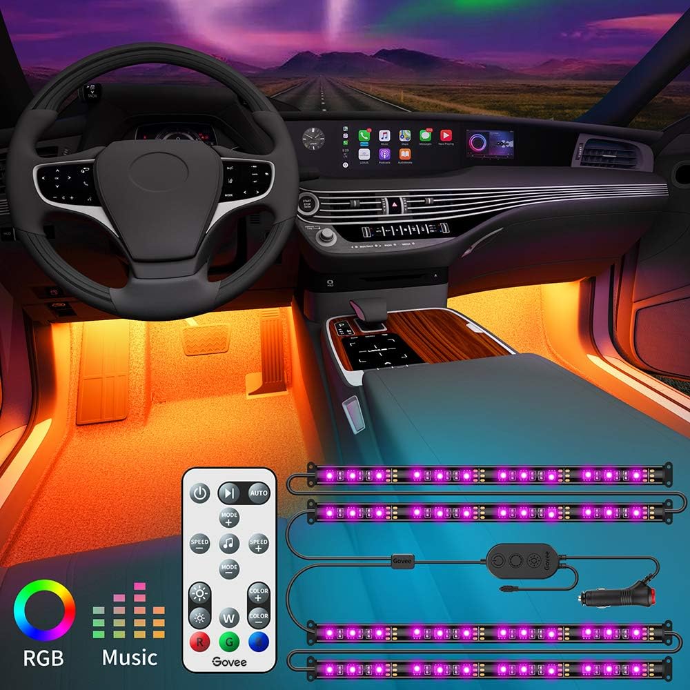 Govee Interior Car Lights, Upgraded 2-in-1 Design 48 LEDs Car LED Strip Lights with Remote and Control Box, Music Sync Under Dash Car Lighting with 32 Colors for Various Car, Car Charger Included, 12V: Automotive
