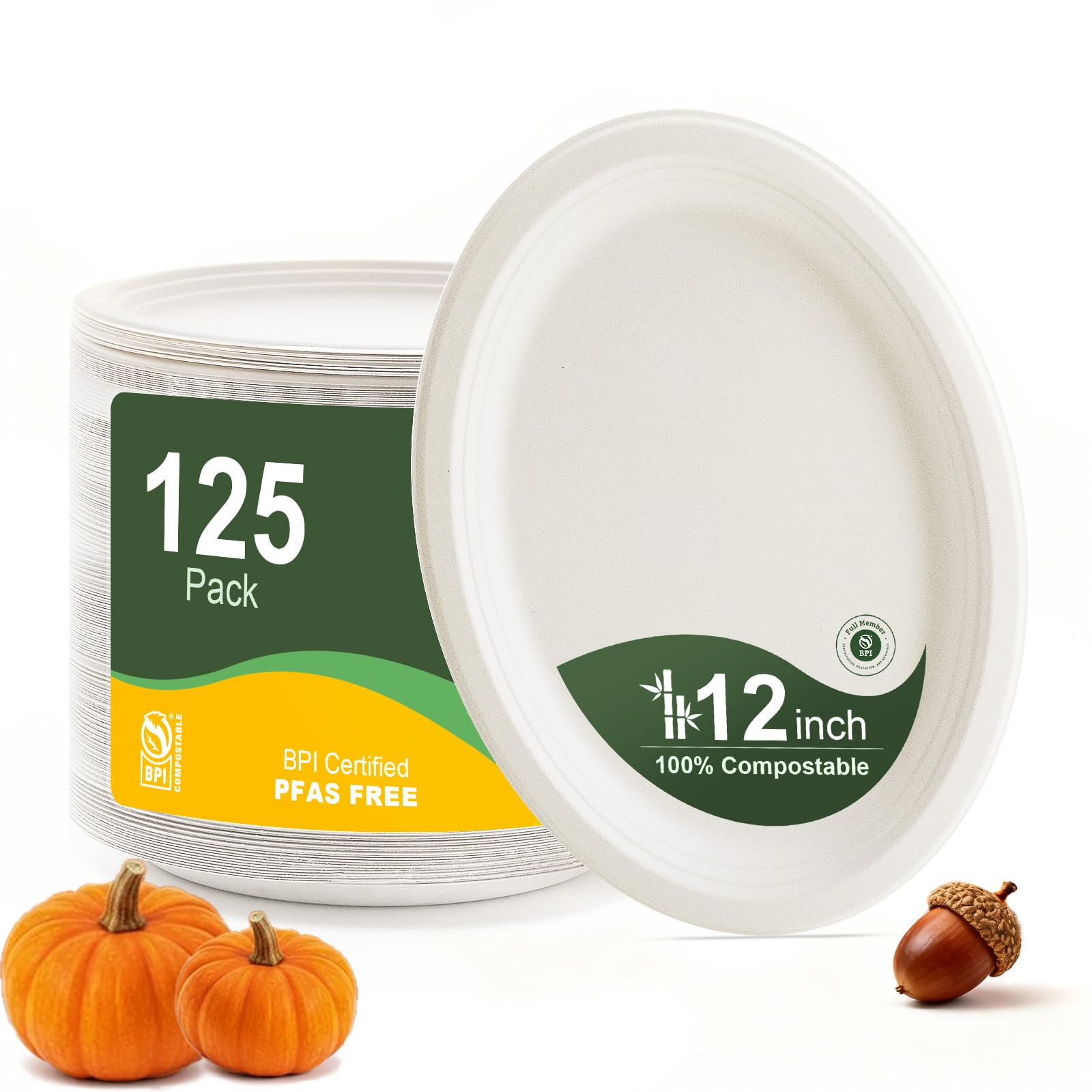 Photo 1 of 100% Compostable Oval Paper Plates 12 Inch, 125-Pack Large Heavy Duty Paper Plates Bulk,Biodegradable Bagasse,Eco-Friendly Disposable Dinner Plate for BBQ,Picnic,Party (BPI Certified,Microwaveable)