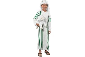 Fun Express Boys Shepherd Costume for Christmas Nativity Play - Kids Biblical Costume with Robe & Headpiece | Green White Striped Tunic for Pageant, Church & Holiday Programs | Child Medium 38"