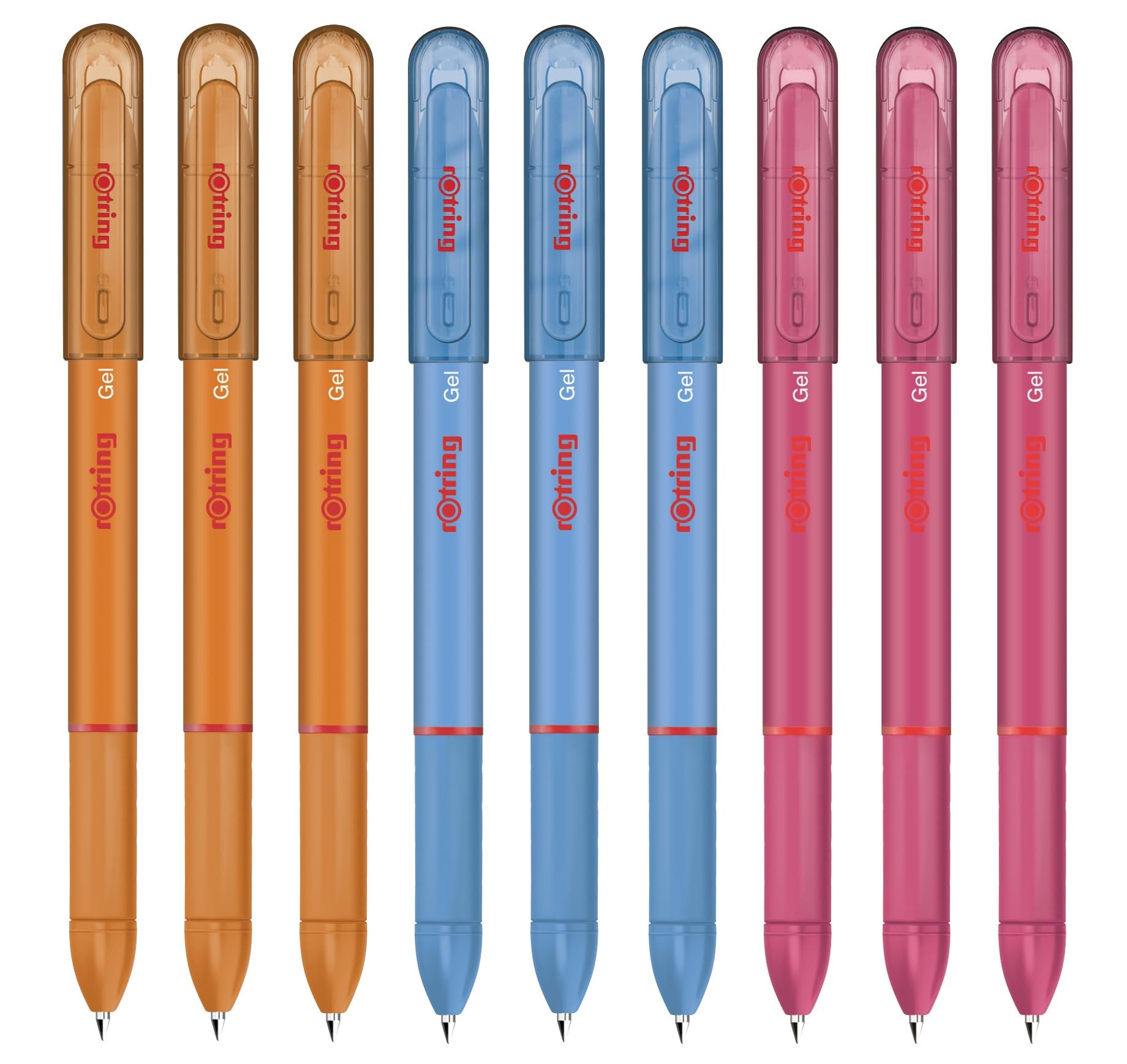 rOtring Gel Rollerball Pens - Medium Point 0.7mm - Rubber Grip - Pack of 9 - Light Blue, Orange, Pink Ink - Smooth Quick Drying Gel Ink
