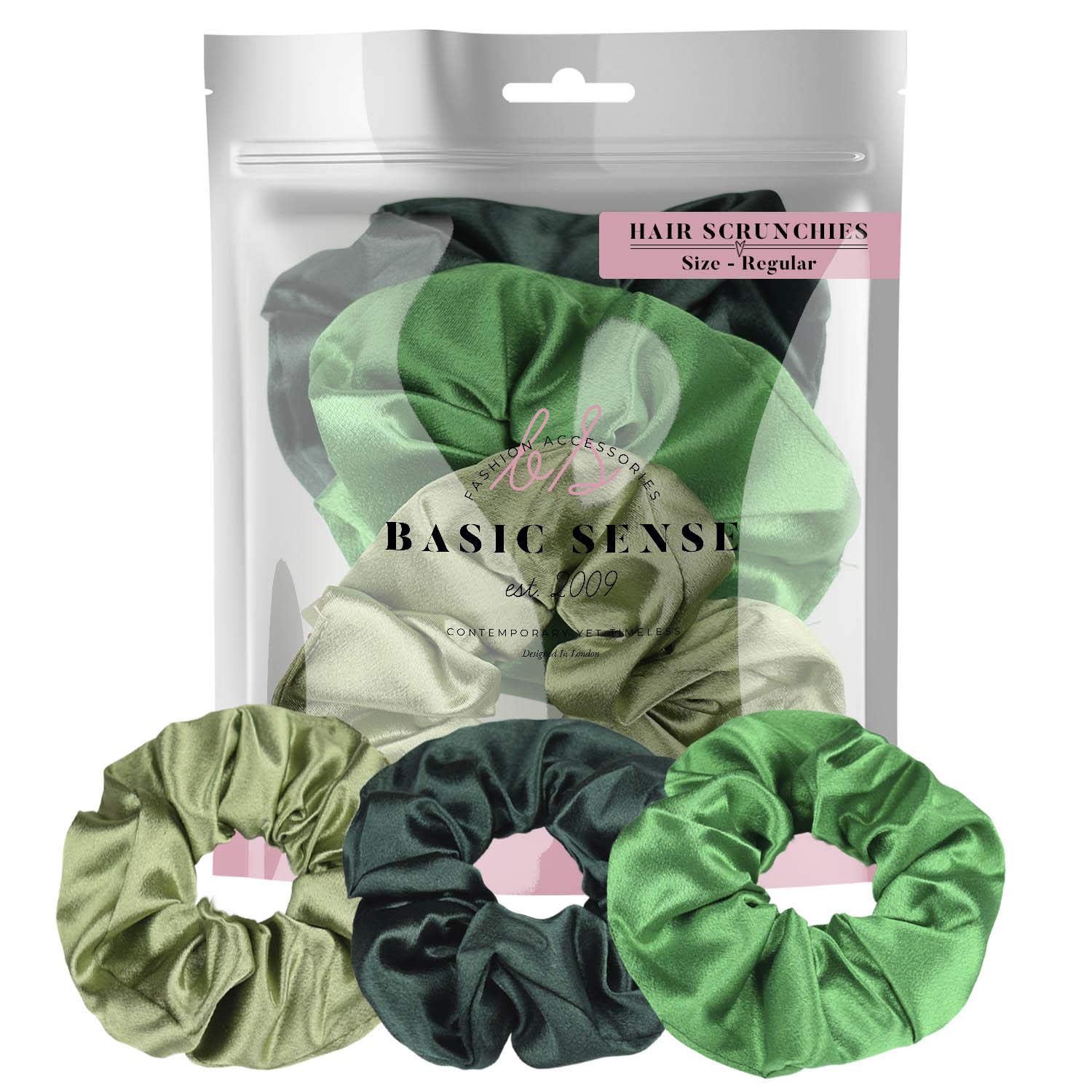 Luxurious Shimmering Hair Satin Scrunchies for Women Updo Ponytail Holder Ties Bands Elastic Bobbles Traceless Scrunchy, A set of 3pcs, Green Assortment