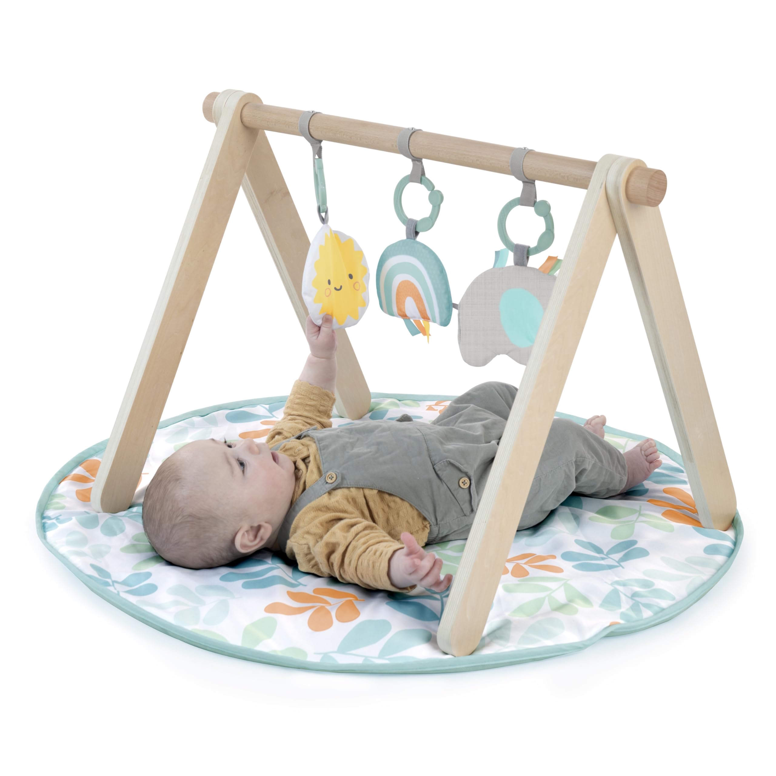Ingenuity: ity Sun Valley Wooden Toy Arch & Baby Play Mat, Foldable A-Frame Bar with 3 Removable Toys, Machine-Washable Mat, Unisex, for Ages 0-36 Months