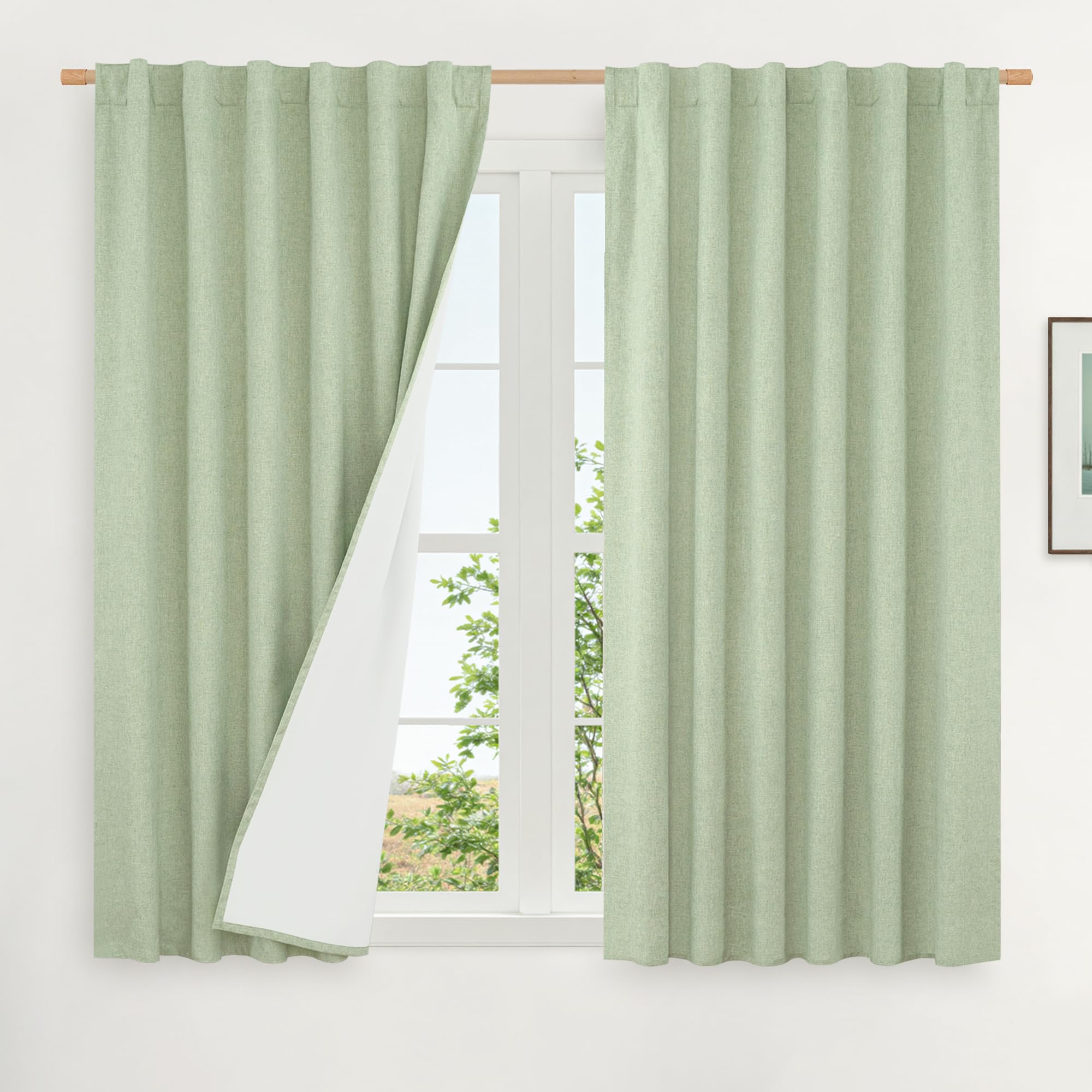 Photo 1 of LAMIT Linen Full Blackout Window Curtains for Bedroom, 54 Inches Thermal Farmhouse Curtains Back Tab and Rod Pocket Privacy Protected Panels with White Liner, 2 Panels, 52 x 54 Inch, Light Green