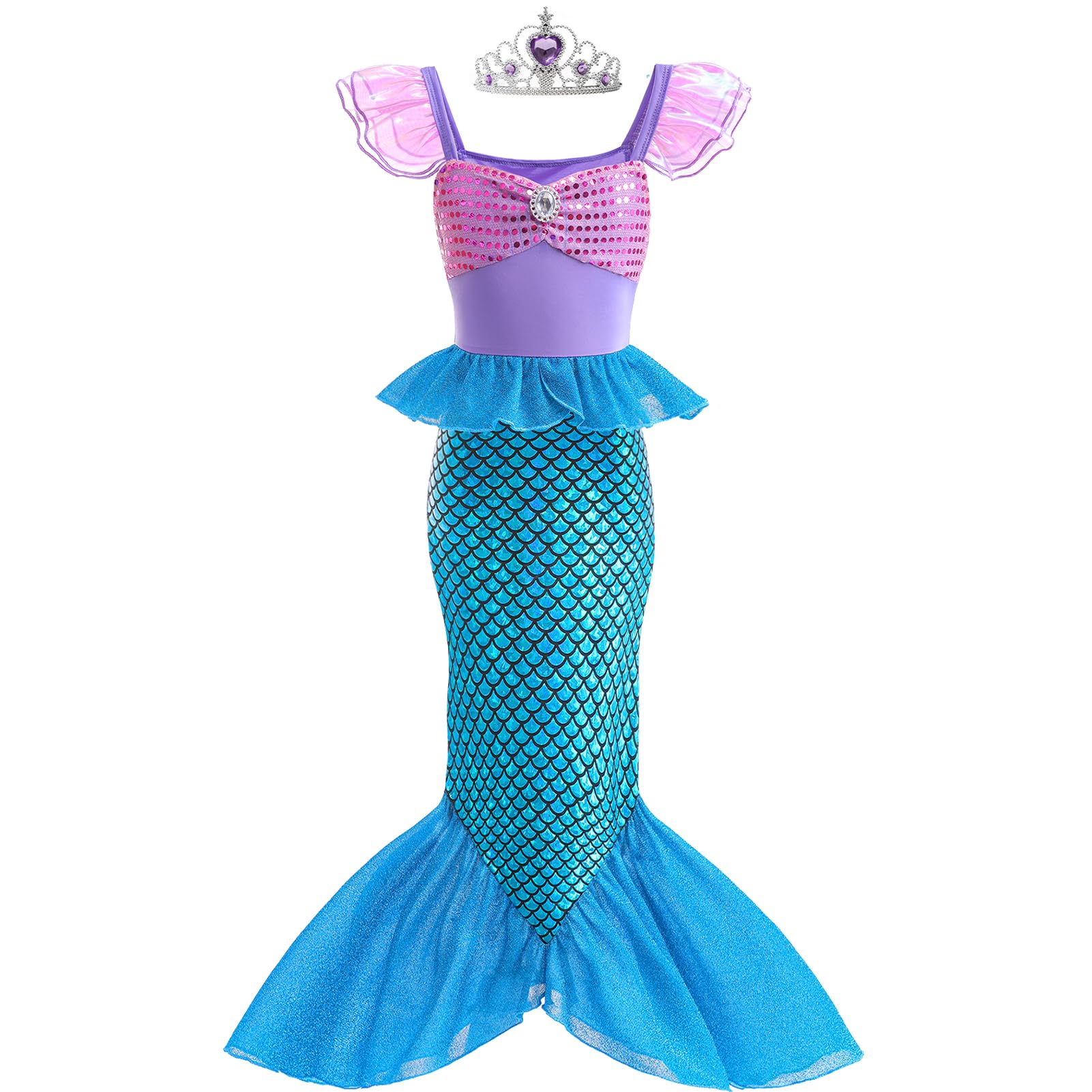 Danvren Mermaid Dress, Mermaid Tail Costume Little Girls Princess Dress up with Crown for Girl 3-8 Gift