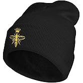 YIEOFH Queen Bee Honey Embroidery Beanie Hat for Men Women Winter Warm Stretch Skull Knit Hats Cap Black