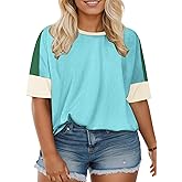 DOLNINE Plus-Size-Tops for Women Summer Color Block Shirts Casual Crewneck Tees Trendy Going Out Side Split Tunics XL-5XL