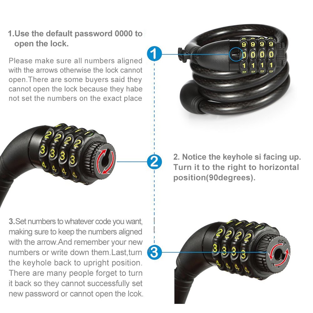 ROADWI Cable Candado de Combinación ,1.2m  Cerradura de Combinacin de 4 Dgitos,Flexible Citadel de Cierre Automatico Candado de Bicicleta,Para Bicicletas, Esqus y Carritos