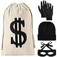 YAROMO 4 Pieces Robber Costume Set, Include Canvas Dollar Sign Money Bags Bandit Eye Mask Knit Beanie Cap for Halloween Cosplay Burglar Theme Party