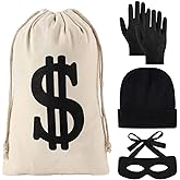 YAROMO 4 Pieces Robber Costume Set, Include Canvas Dollar Sign Money Bags Bandit Eye Mask Knit Beanie Cap for Halloween Cosplay Burglar Theme Party