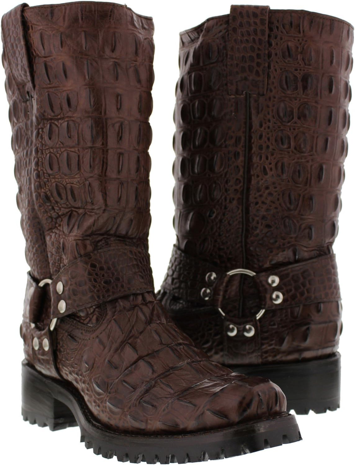 EL PRESIDENTE - Men's Brown Full Crocodile Design Leather Motorcycle Biker Boots 11 D(M) US