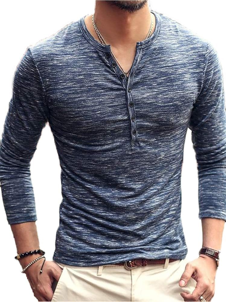 Mens Long Sleeve Knitted T Shirts Basic Slim Fit Henley Button Down Knit Tee Casual Crewneck 