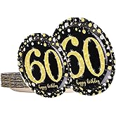 Trgowaul 60th Black and Gold Birthday Decorations Party Supplies Set for Women or Men, 24 Disposable 9 X 9 Inches Paper Dinner Plates, 24 Paper 7 X 7 Inches Dessert Plates for 24 Guests