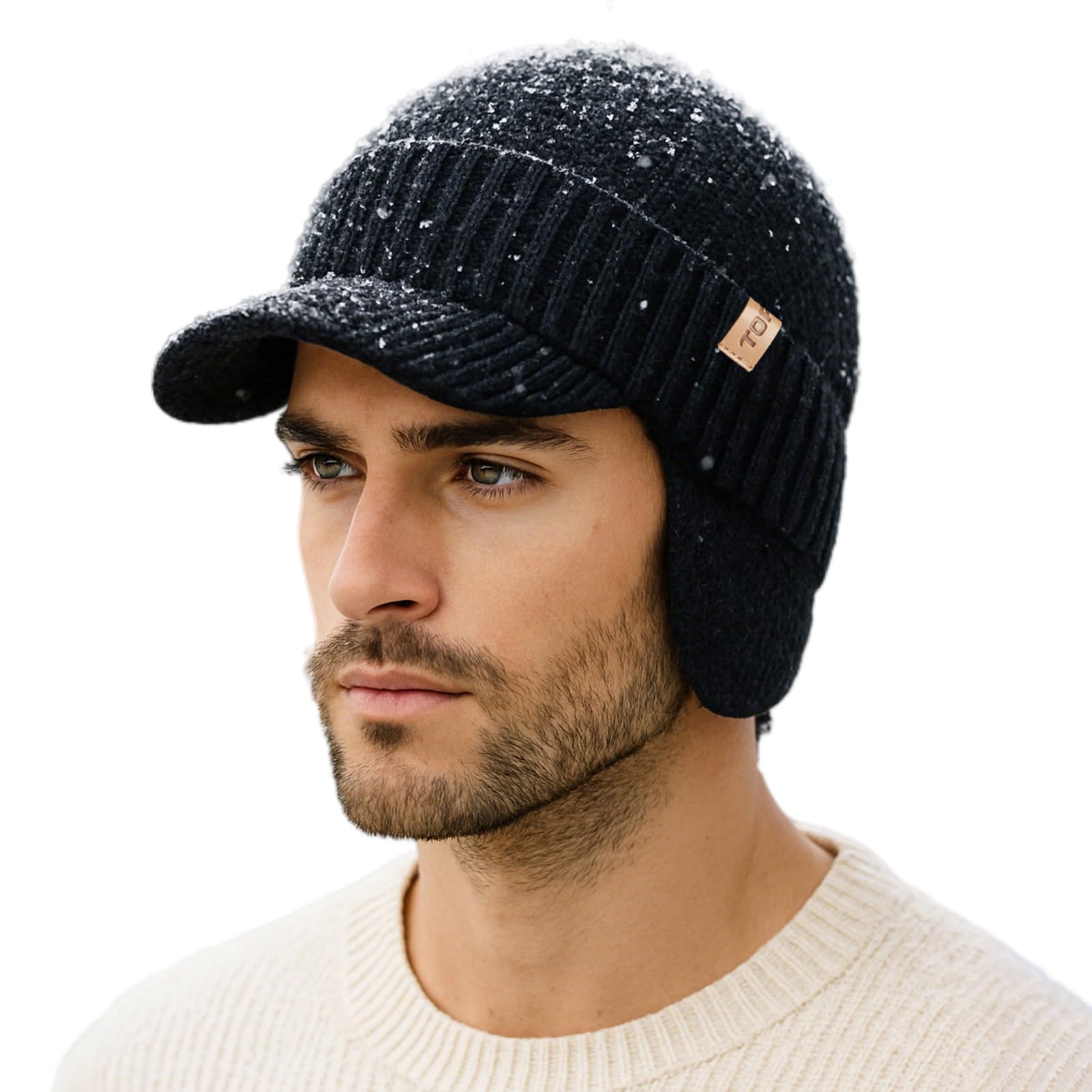 Photo 1 of TOP-EX Oversized Merino Wool Waterproof Beanie with Brim Ear Flaps for Extra Large Big Heads Warm Winter Hats for Men Fleece Lined for Cold Weather Ski Running Black XL/XXL