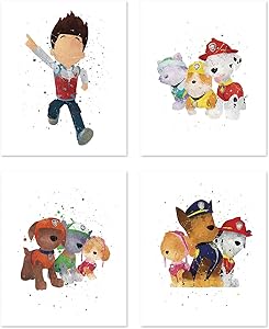 Paw Patrol Wall Art Posters - Set of 4 Prints for Kids - Chase - Skye - Marshall - Rubble - Zuma - Ryder - Inspired Home Decor - Cartoon Illustrations 8x10