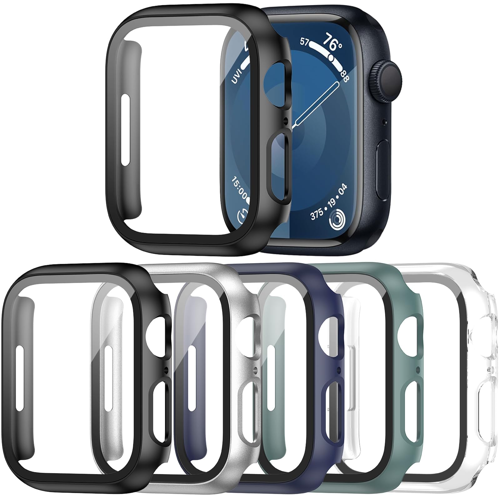 Haojavo 5 Pack Case with Tempered Glass Screen Protector for Apple Watch Series 9 8 7 45mm, PC Hard Ultra-Thin Slim Fit Scratch Resistant Bumper Protective Cover for iWatch S9 S8 S7 45mm Accessories