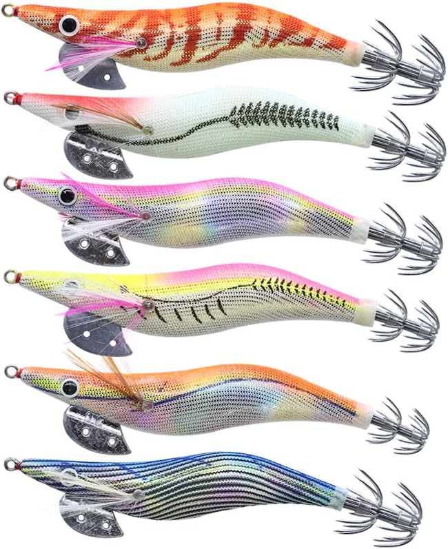 BMIETE Squid Jig Size 3.0# Saltwater Fishing 6 Pcs Artificial Baits Kit Bionic 3D Eyes Fake Plastic Shrimp Octopus Cuttlefish Fish HooksPrawn Glow Bait