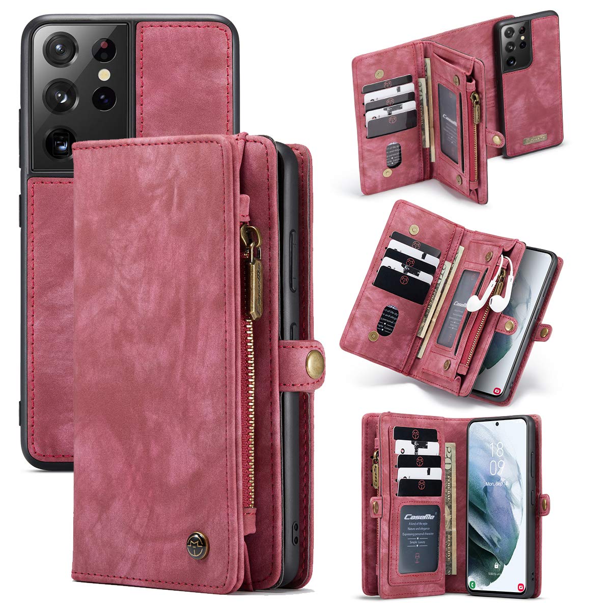 ANROD Detachable Leather Wallet Case for Samsung Galaxy S21 Ultra,CaseMe Magnetic Closure 2-in-1 Flip TPU Shockproof Zipper Purse Back Cover with Card Slots (Red)