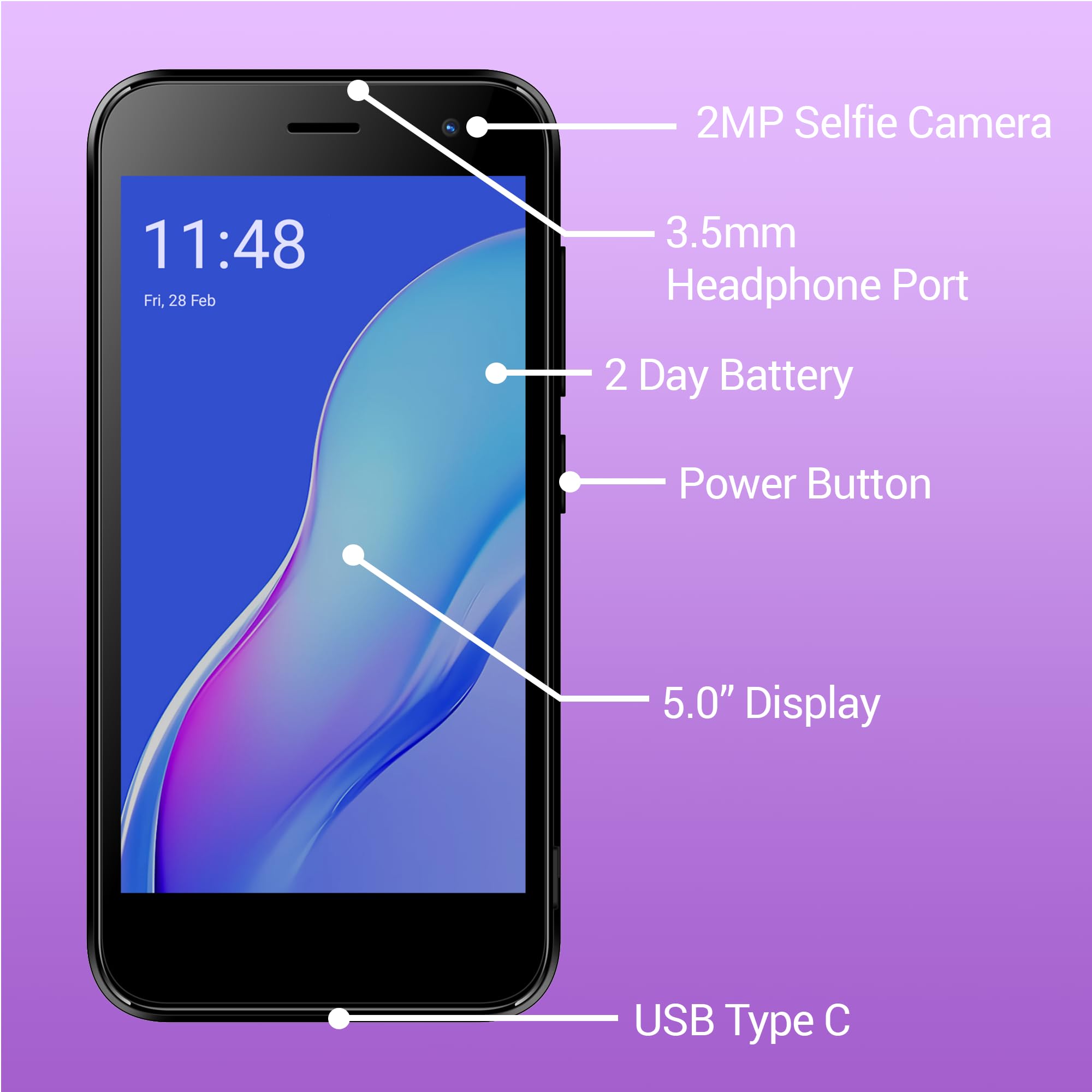 Bolt 1 | Dual SIM | Unlocked Smartphone | Android 14 (Go Edition) | 2 Day Battery | 5.0” FWVGA Display | 2GB RAM | 32GB Storage | 5MP Camera | Black