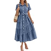BerryGo Womens Summer Denim Shirt Dress Casual Belted Short Sleeve Button Down Flowy Midi Jeans Dresses with Pockets