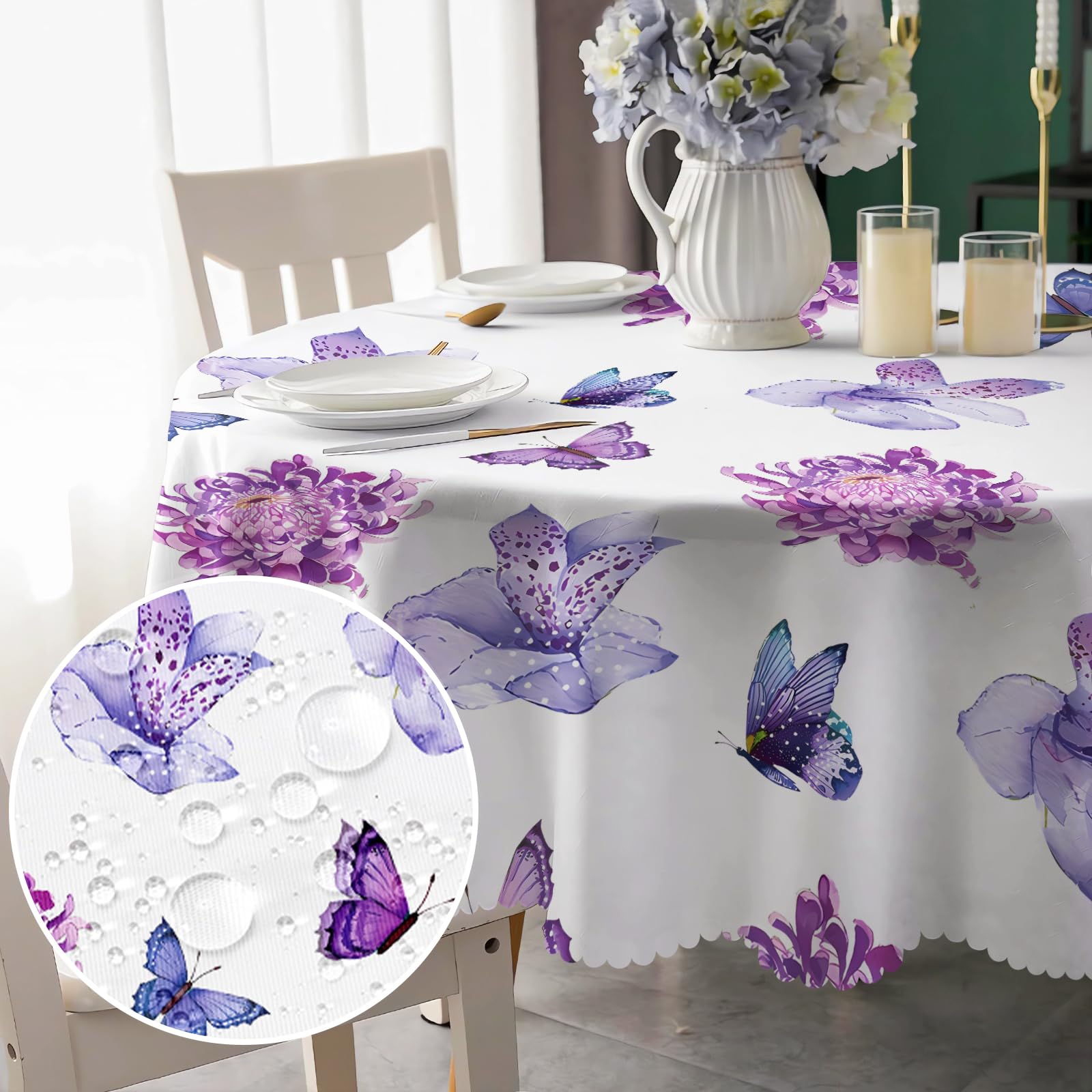 Round Tablecloth 150cm Wipeable, Waterproof Purple Floral Polyester Tablecloths, Table Cloth Wrinkle Resistant Table Cover for Home Dinner Kitchen Party Picnic Outdoor