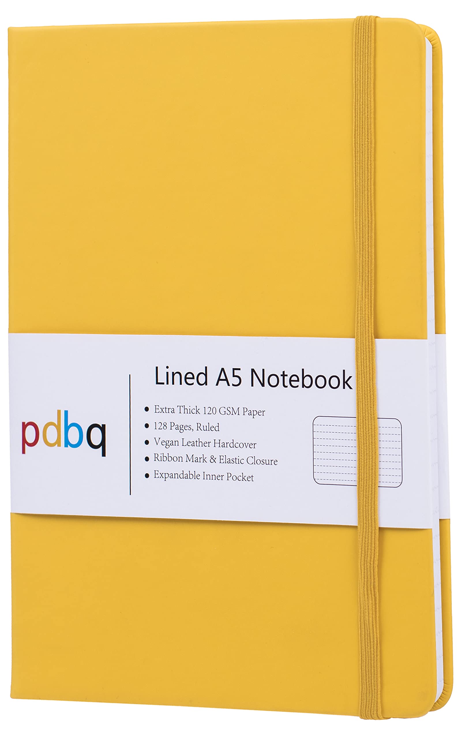 pdbq A5 Notebook Hardback Journal Lined Notebook A5 Inner Pocket Vegan Leather 128 Pages 120gsm Premium Paper with Gift box Bookmark Elastic Closure Ruled Notepad Yellow