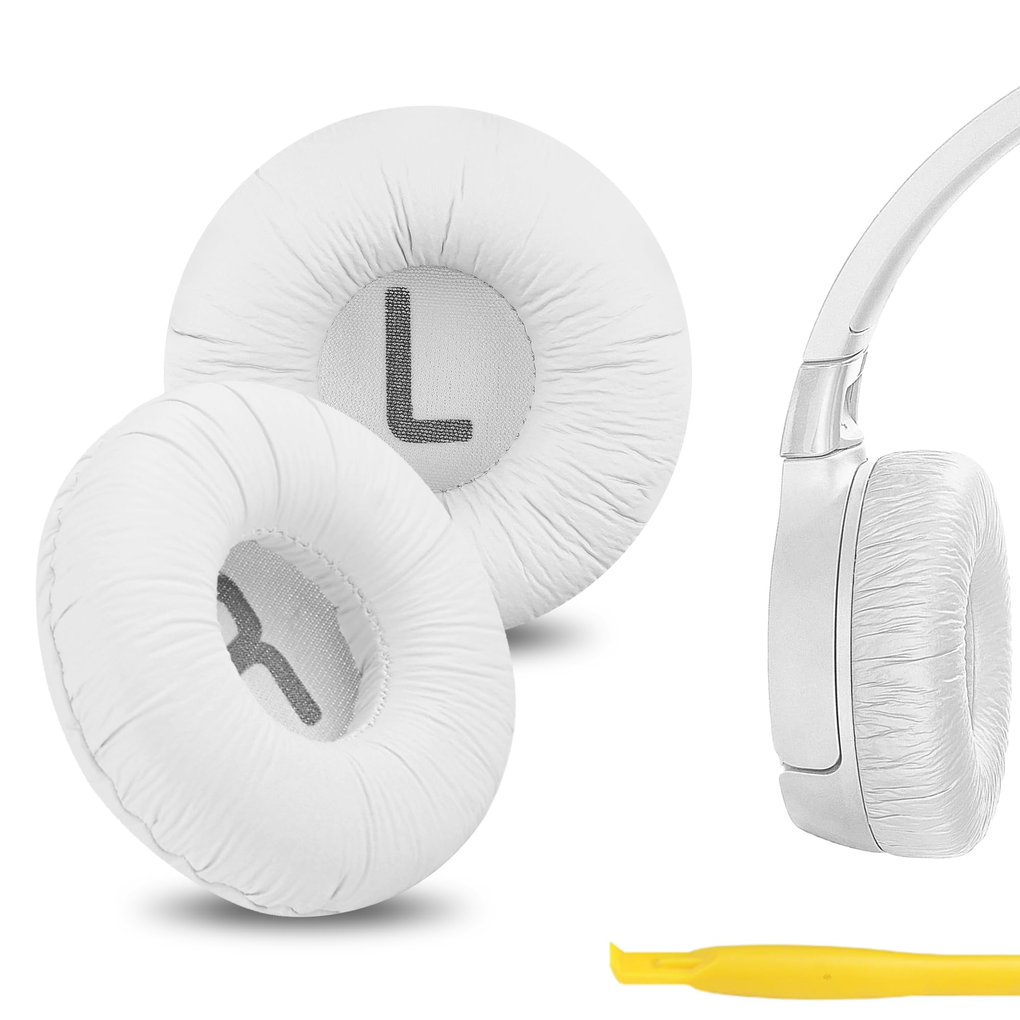 Geekria QuickFit Leatherette Replacement Ear Pads for JBL JR 300/ 300BT, T450BT/ 500BT, Tune 500/ 500BT/ 510BT, Tune 520BT Headphones, Ear Cushions with Video Guide (White)