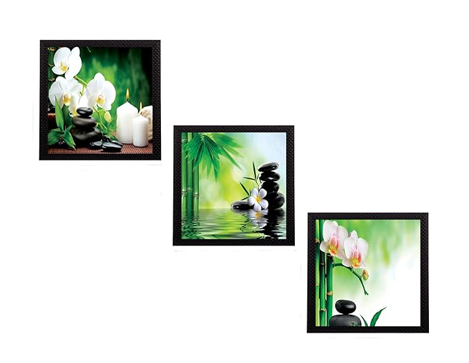 eCraftIndia White Flora and Stones Satin Matt Texture Synthetic WoodUV Art Painting Set (76.2 cm x 1.27 cm x 25.4 cm, Set of 3, Multicolour)