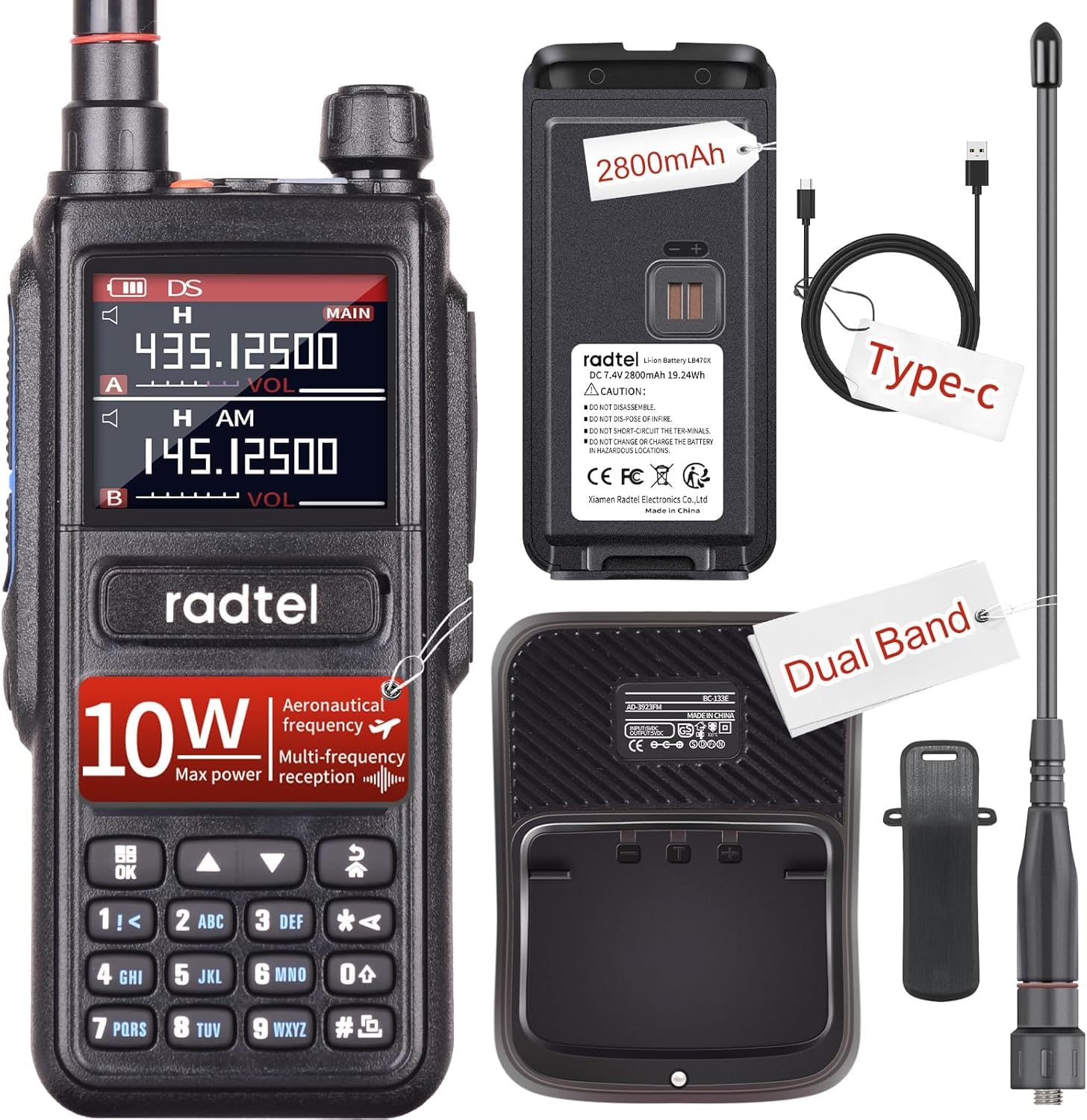 Radtel RT-470 10 Watt Tri-Band Radio 256CH Air Band Walkie Talkie with Air Band Reception NOAA FM Radio Receive (RT-470)