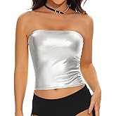Gatielzana Women's Metallic Crop Tube Top Shiny Strapless Bandeau Bra for Dancing, Raves, Festivals, Costumes