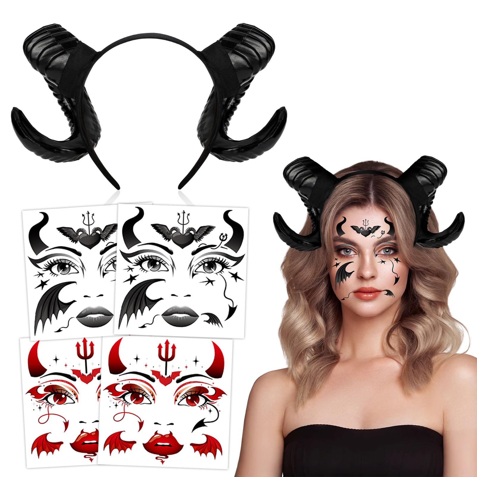 HOWAF Black Devil Horns Headband & Halloween Face Tattoos Stickers, Hair Accessories for Devil Costume, Carnival Halloween Costumes Women Men — image 1