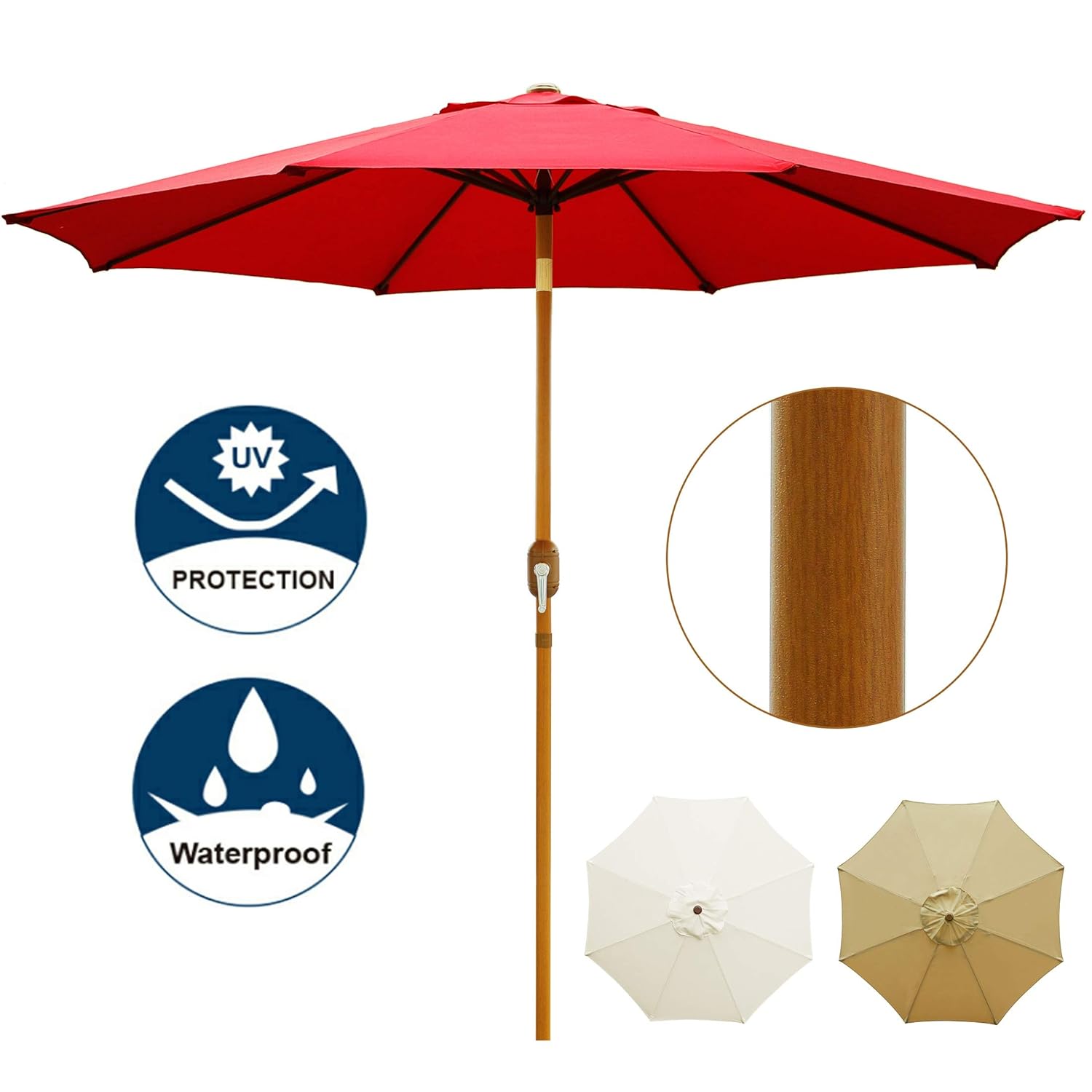 Blissun 9 Patio Umbrella Outdoor Market Table Umbrella With Push Button Tilt And Crank Wooden Coated Aluminum Pole 8 Ribs Red Amazon In Garden Outdoors