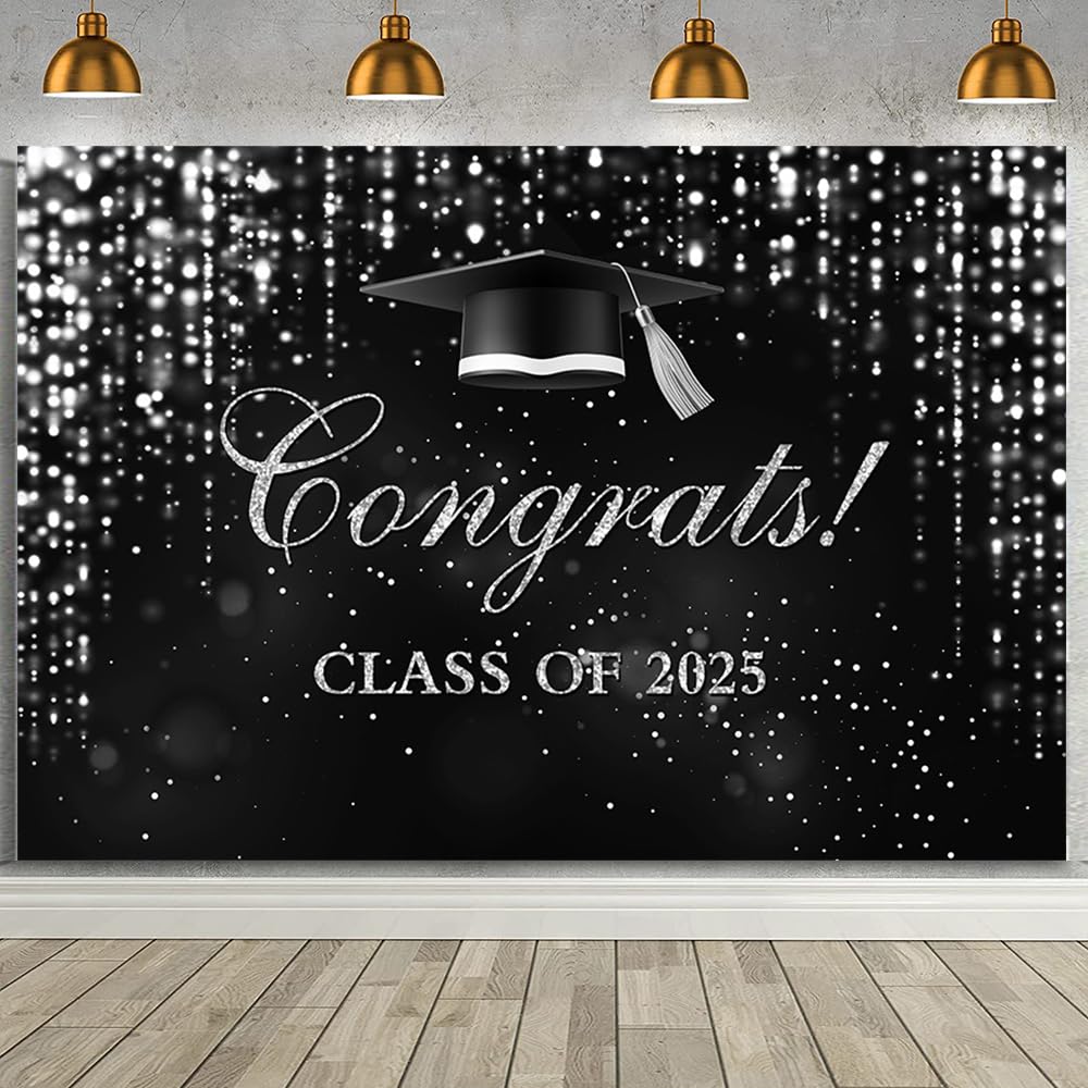 MEHOFOND 7x5ft Class of 2025 Graduation Backdrop Black Silver Congrats ...
