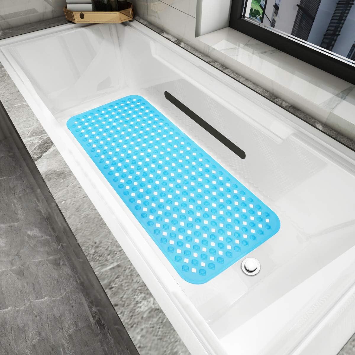 Yimobra Original Bath Tub and Shower Mat Extra Long, Non-Slip with Drain Holes, Suction Cups, Phthalate Free, Machine Washable Materials Bathroom Mats (34.5 x 15.5 Inch, Clear Blue): Home & Kitchen