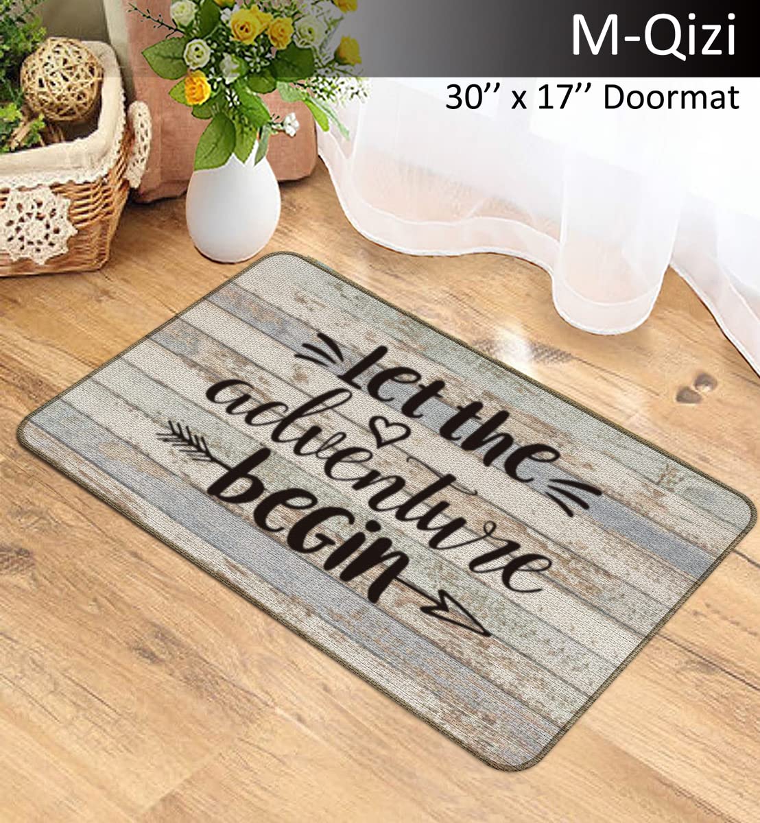 M-Qizi Welcome to Our Rolling Estate Decorative Doormat 17”X30”,Happy Camper Let The Adventure Begin Reversible Throw Pillowcase 18”X18”,2 Pieces Set(1 Pillow Cover 1 Doormat) Decor for Campsite RV - Image 4
