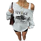 RoseSeek Women's Graphic Letter Sweatshirts Off The Shoulder Trendy Long Sleeve Y2K Pullover Vintage Car Print Tops