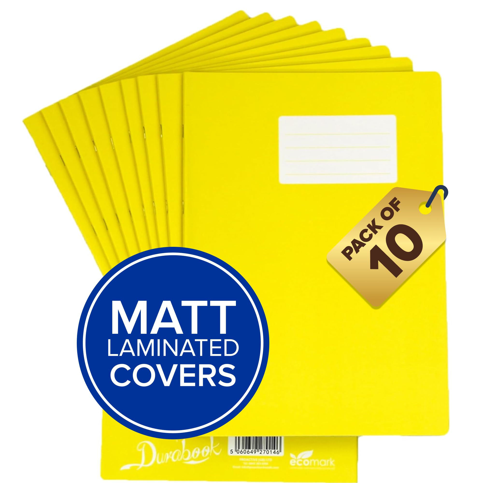 Durabook A4 8mm F&M Yellow Exercise Books Pack of 10, 80 Page School Exercise Book, Durable Matt Laminated Water-Resistant Cover, Ruled & Margin School Notebook A4 Paper, Great Home Supplies