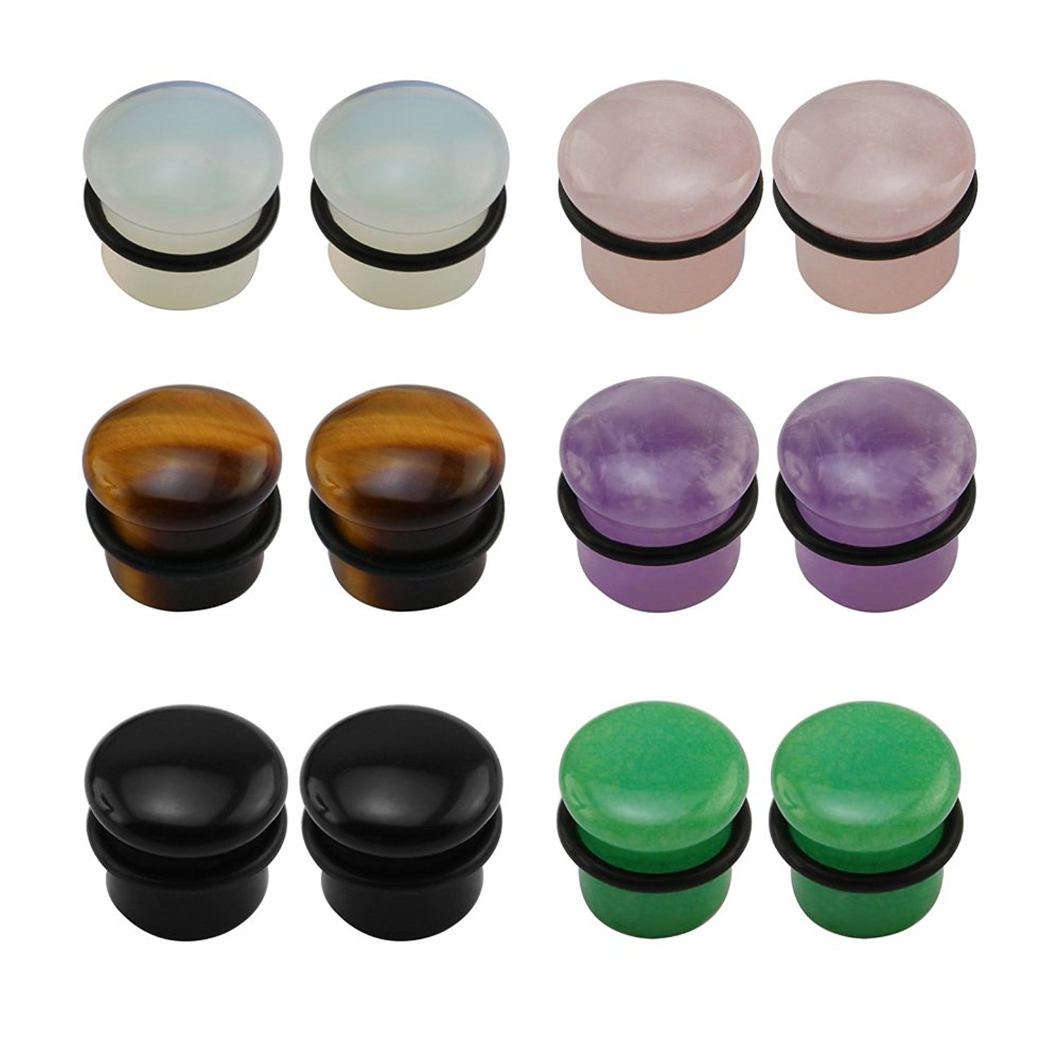 ZeSen Jewelry 6 Pairs Mixed Ear Flare Single Stone Plugs Expander Tunnels Gauges Silicone O-Ring, Stone