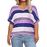 DOLNINE Plus Size Tops for Women V Neck Color Block Striped Tshirts Loose Fit Short Sleeve Shirts Casual Summer Tunic Tees