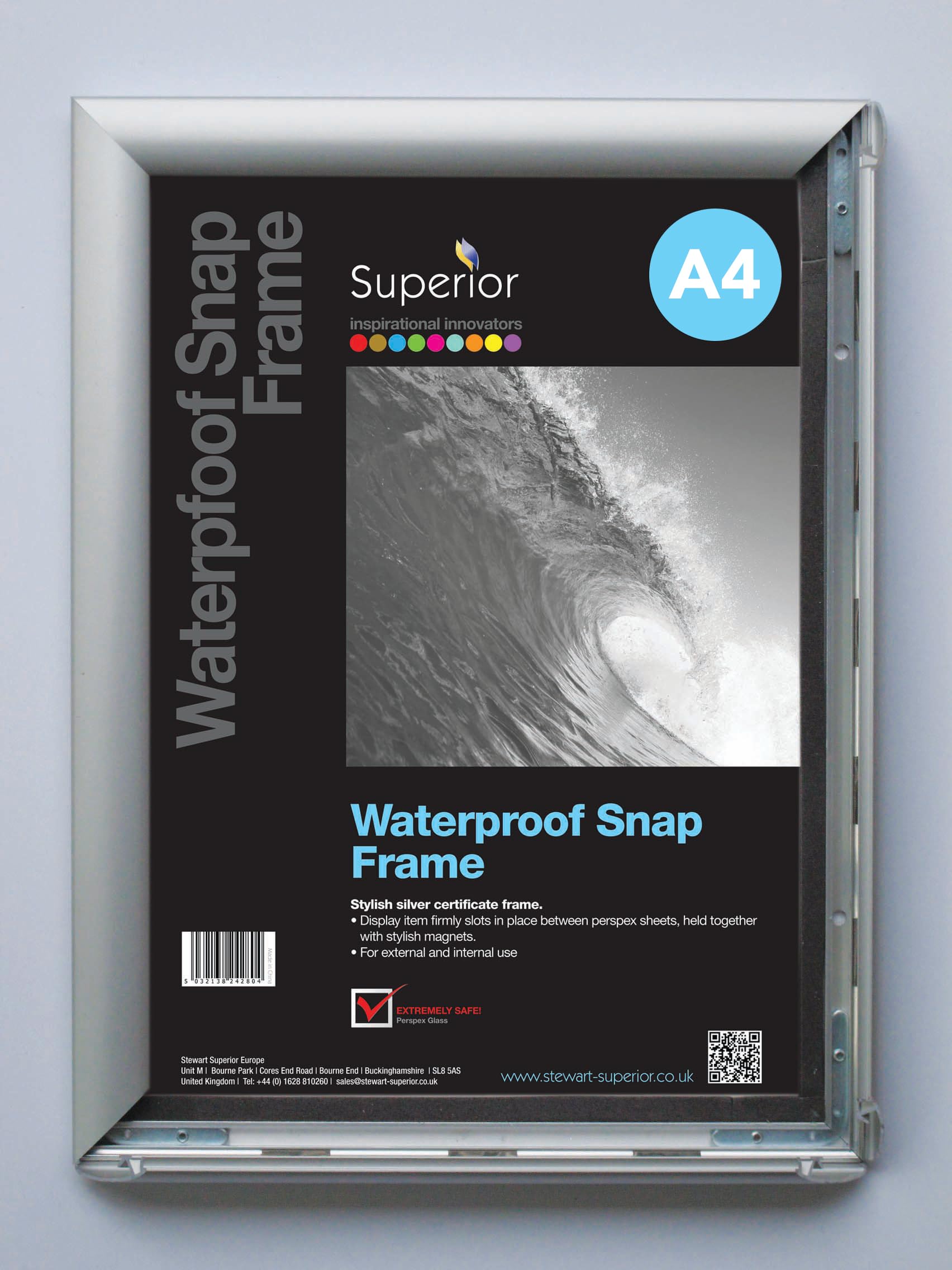 Stewart Superior A4 Waterproof Aluminium 4 Sided 25mm Front Loading Picture/Poster Snap Frame - Silver