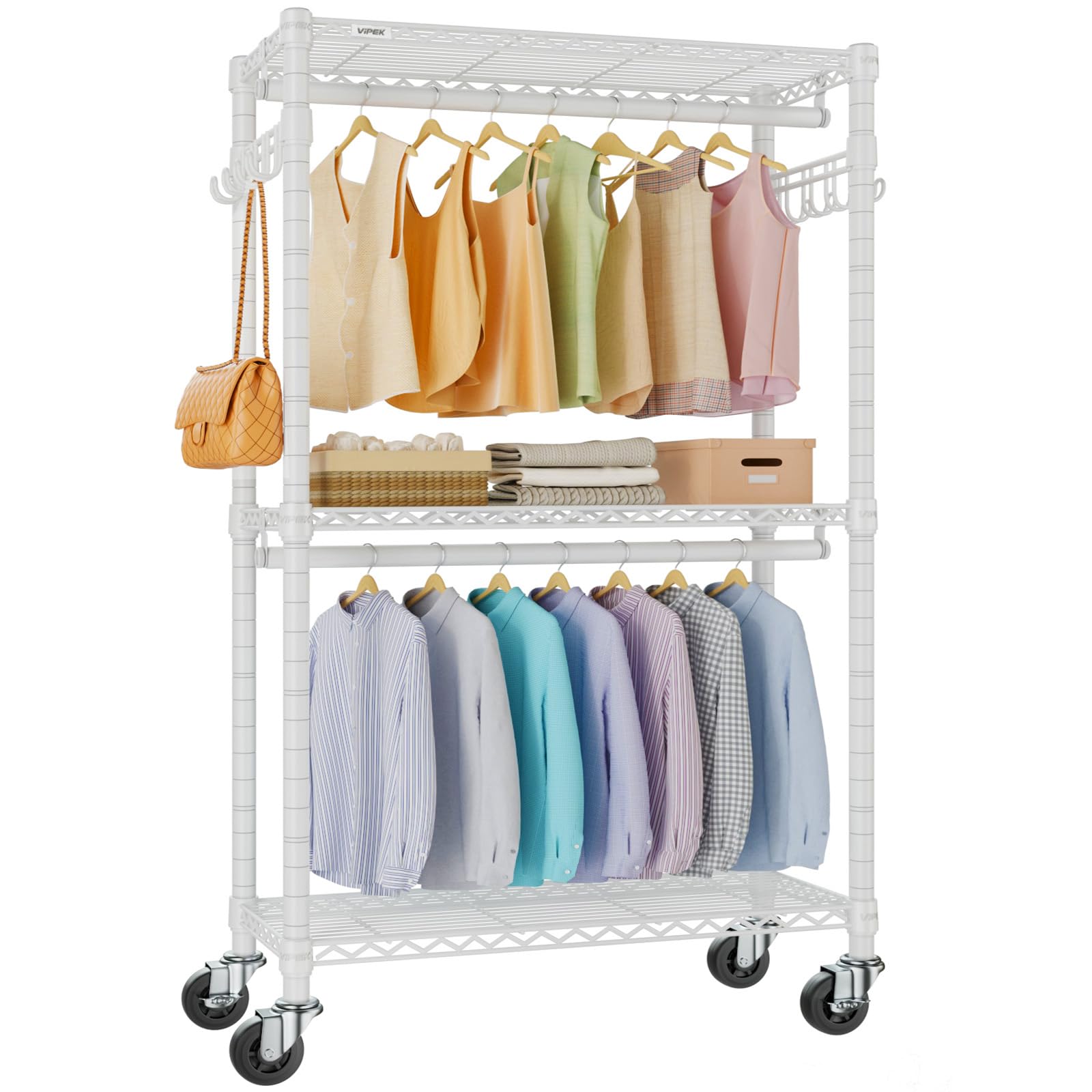 VIPEK R2 Medium Heavy Duty Clothes Rack Rolling Clothing Rack Adjustable Metal Wire Shelving Portable Closets with Double Hanging Rods, Side Hooks, Freestanding Closet Racks Wardrobe, White