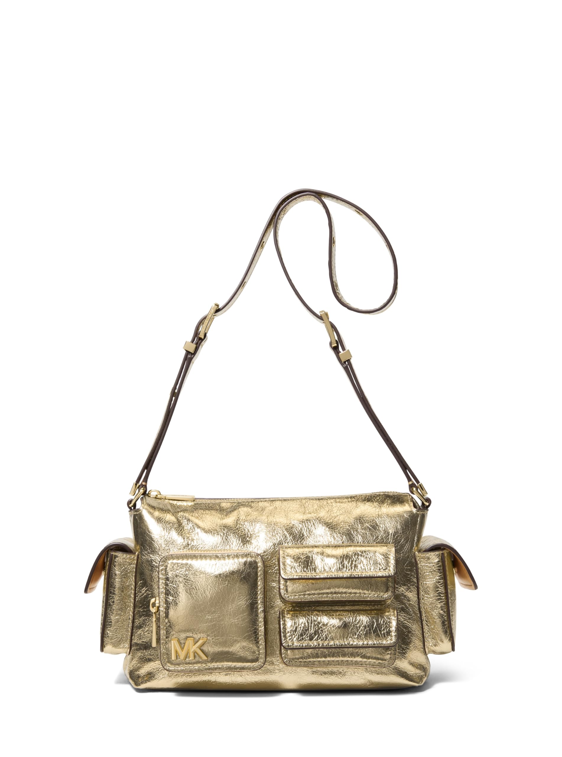 Michael Kors Dakota Medium Pocket Shoulder Bag, Gold-Tone Hardware/Metallic Volare Leather/Pale Gold