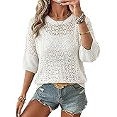 EVALESS Women's Crochet Tops Short Sleeve Hollow Out Knit Sweater Spring Summer Trendy Lightweight Casual Vacation Clothes
